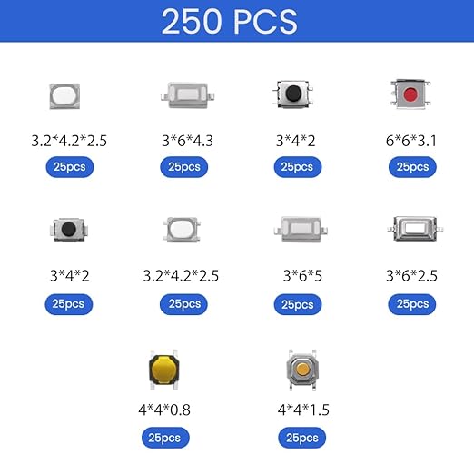 SMD Button, 250 Pieces 10 Types Tactile Push Button Micro Switch Momentary Tact Assortment Kit for Car Remote Control Key with Plastic Box