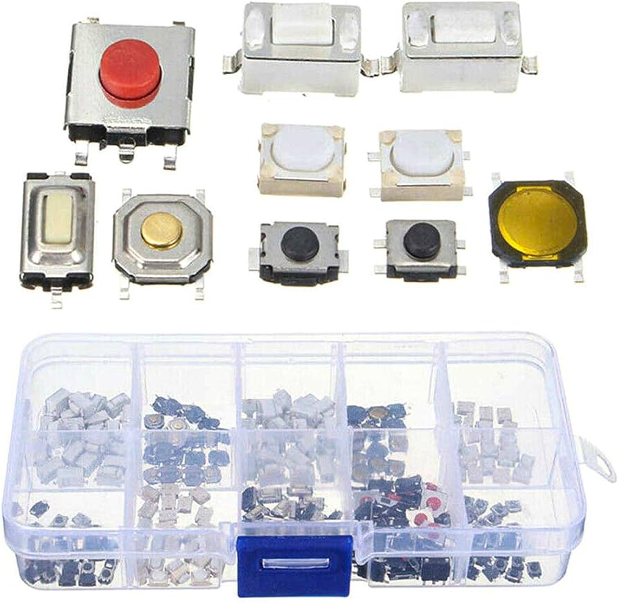 SMD Button, 250 Pieces 10 Types Tactile Push Button Micro Switch Momentary Tact Assortment Kit for Car Remote Control Key with Plastic Box