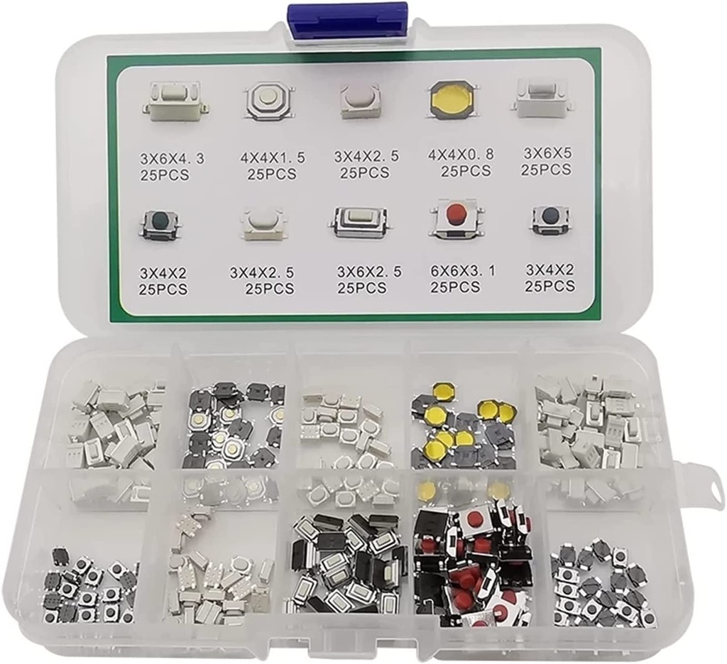 SMD Button, 250 Pieces 10 Types Tactile Push Button Micro Switch Momentary Tact Assortment Kit for Car Remote Control Key with Plastic Box